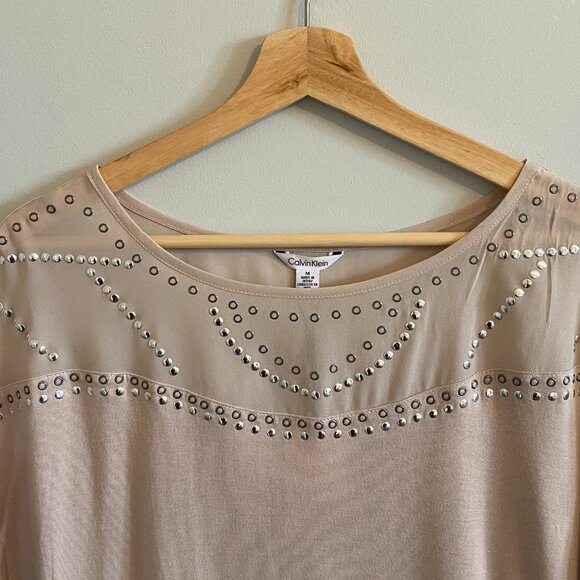 NWT Calvin Klein Pink T-shirt Blouse with Silver Hardware Grommets Sheer Panel - Picture 3 of 11